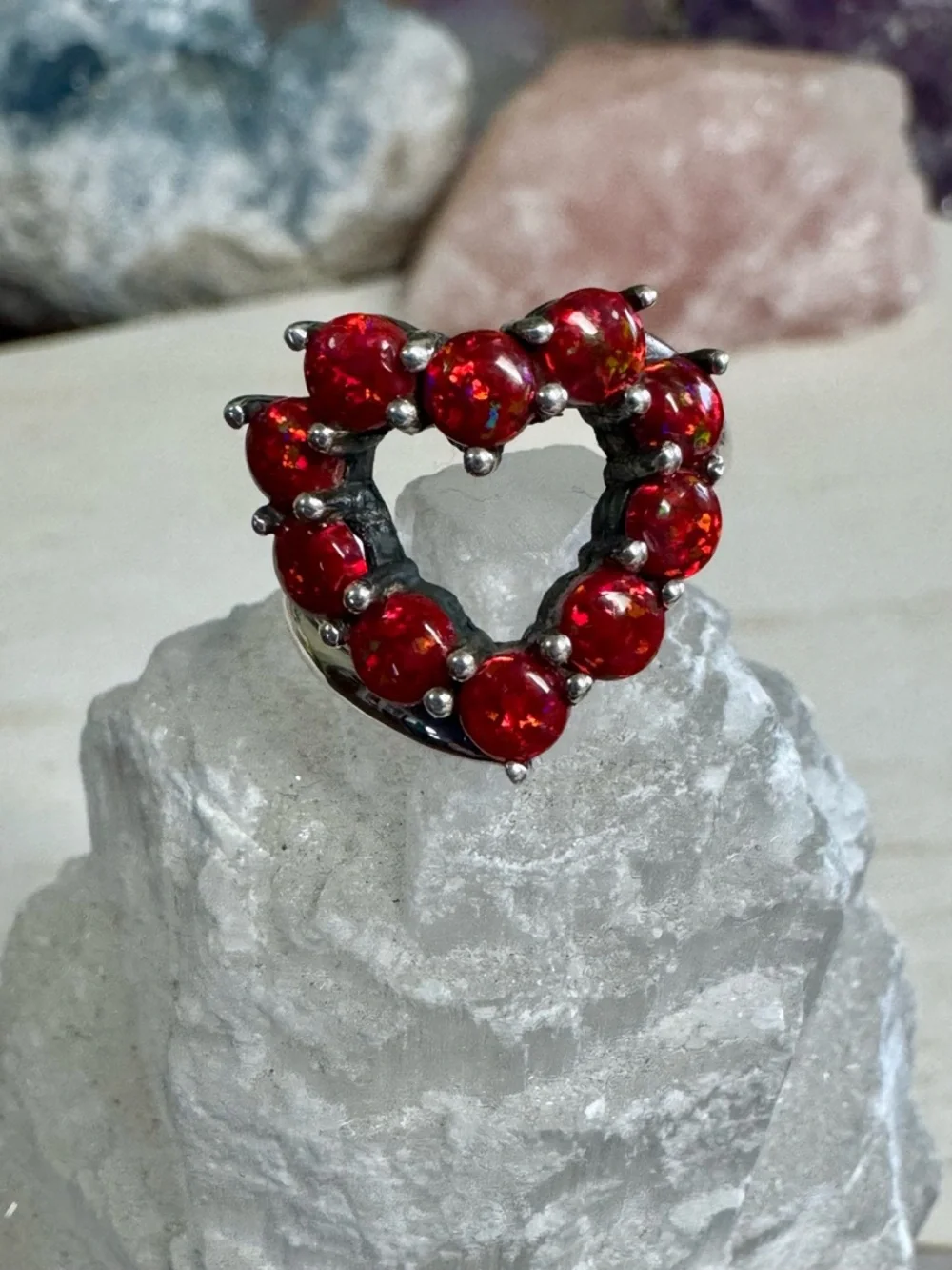 Balloon Opal Red Heart Cluster Ring set in Sterling silver - Picture 2 of 7